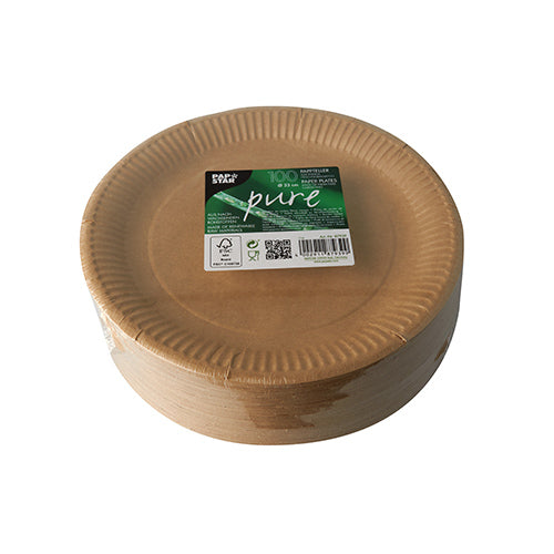 A stack of round PAPSTAR 100 plates, cardboard "pure" round from PAPSTAR GmbH, packaged in plastic. The top plate features the green Pure label with recycling symbols, highlighting these biodegradable, eco-friendly plates for conscious consumers.