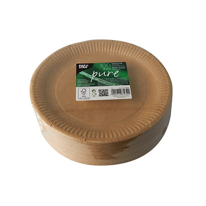 A stack of round PAPSTAR 100 plates, cardboard "pure" round from PAPSTAR GmbH, packaged in plastic. The top plate features the green Pure label with recycling symbols, highlighting these biodegradable, eco-friendly plates for conscious consumers.