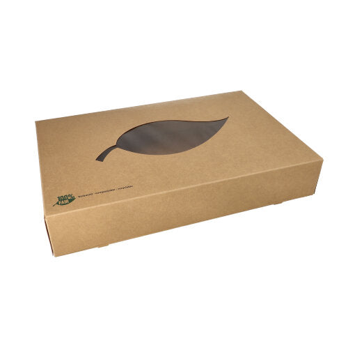 The PAPSTAR 10 transport and catering box made of brown cardboard 'pure', with a PLA window and green '100% Fair' logo, is environmentally friendly – ideal for sustainable transport and catering.