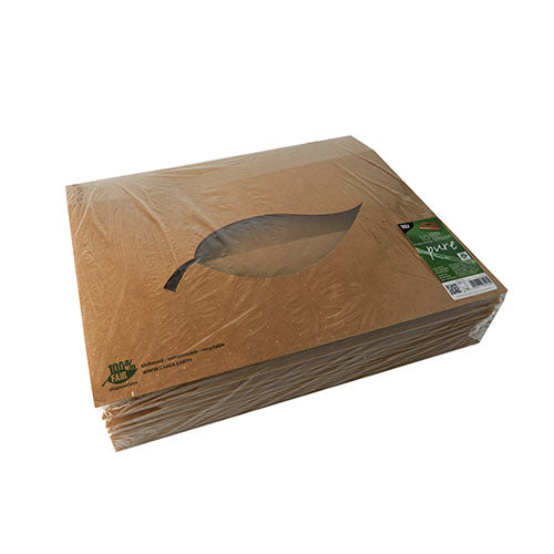 A stack of brown PAPSTAR 10 transport and catering boxes 'pure' with a PLA window in clear foil; at the corner, there is a green-white label with a fairness and sustainability certificate.