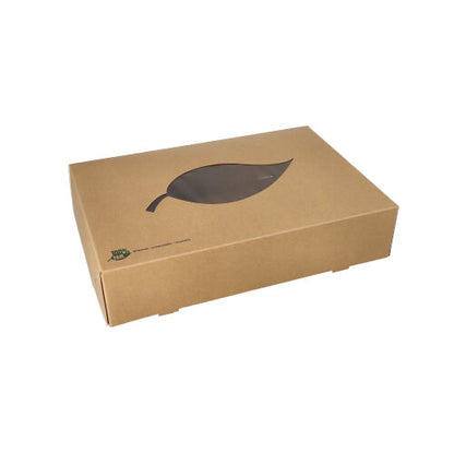 The PAPSTAR 10 transport and catering boxes made of brown cardboard 'pure' are environmentally friendly, have a transparent PLA window, and a small green logo. Perfect for sustainable transport and catering.