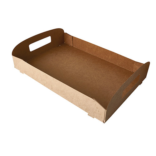 Das PAPSTAR 10 Tragetabletts „pure“ aus brauner Pappe von PAPSTAR GmbH bieten umweltfreundliche Stabilität, erhöhte Seiten und ausgestanzte Griffe an jedem Ende – ideal als rechteckiges Serviertablett.