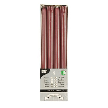 A pack of 8 PAPSTAR taper candles (Ø 2.2 cm, 25 cm) made of 100% stearin, with a long burning time, in a rectangular box with multilingual labeling.