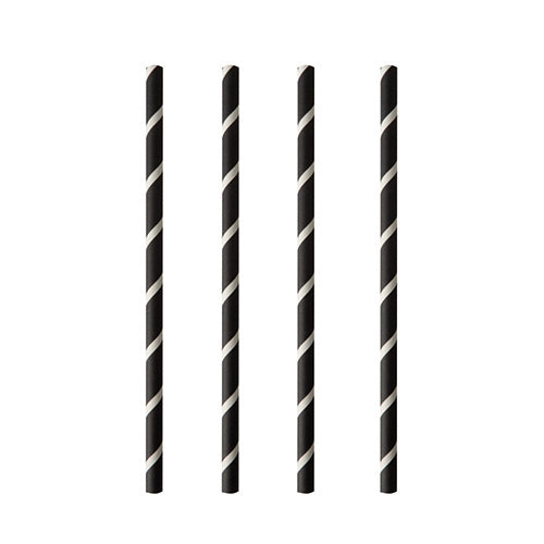 Vier PAPSTAR 100 Shake-Halme aus Papier (Ø 8 mm) der Marke PAPSTAR GmbH mit schwarzen und weißen diagonalen Streifen sind vertikal auf weißem Hintergrund angeordnet - stilvoll und umweltfreundlich.