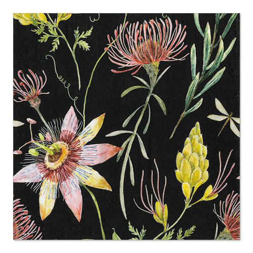 Die PAPSTAR 20 Servietten (33 x 33 cm, 3-lagig, Set 4) der PAPSTAR GmbH zeigen einen schwarzen Hintergrund mit rosa Passionsblumen und blättrigen Stielen - eine stilvolle Wahl für die Tischdekoration.