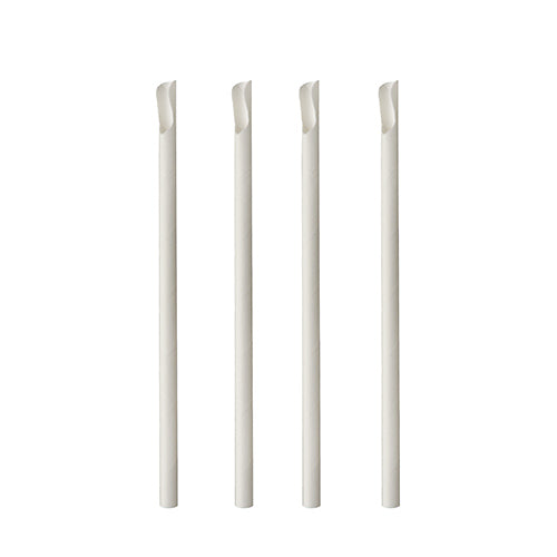 Four white PAPSTAR straws with spoon attachment made of paper (20 cm, Ø 8 mm, 100 pieces) stand upright in a row against a white background; each straw has a slanted cut at the tip.