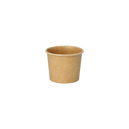 Ein PAPSTAR Portionsbecher aus brauner, recyclebarer Pappe von PAPSTAR GmbH steht zentriert auf weißem Hintergrund. Das umweltfreundliche Design ist schlicht und glatt, ohne Markenaufdruck oder Dekor.