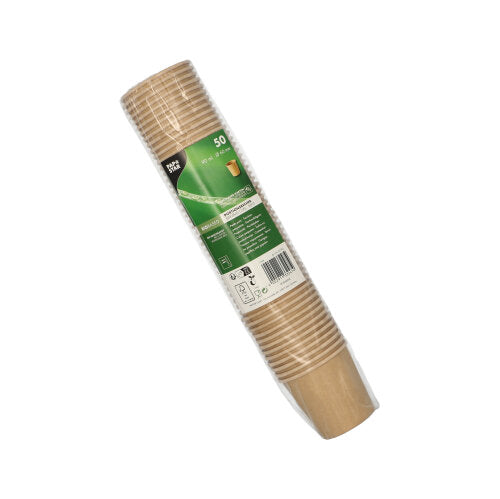 Eine plastikverpackte Packung mit 50 PAPSTAR Portionsbechern aus brauner Pappe, recyclebar. Von PAPSTAR GmbH, mit grün-weißem Etikett samt Produktinfos und Barcode. Die gestapelten Becher sind ideal für Gastronomieanwendungen.