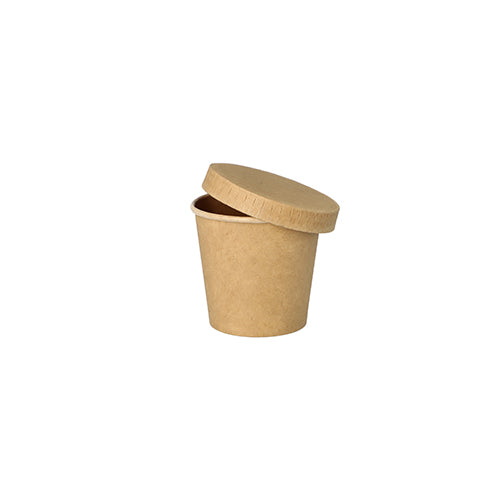 Der PAPSTAR 50 Portionsbecher aus brauner Pappe von PAPSTAR GmbH ist recyclebar, mit passendem Deckel und ideal für die Gastronomie – isoliert auf weißem Hintergrund abgebildet.