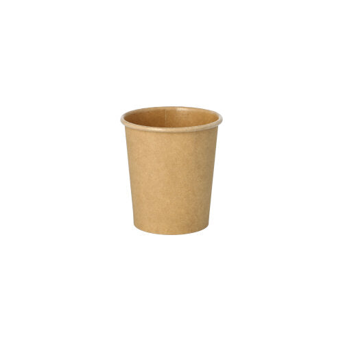 Der PAPSTAR 50 Portionsbecher aus brauner, recyclebarer Pappe von PAPSTAR GmbH steht aufrecht vor weißem Hintergrund – ideal für die Gastronomie, ohne sichtbare Logos oder Muster, umweltfreundlich und schlicht gestaltet.