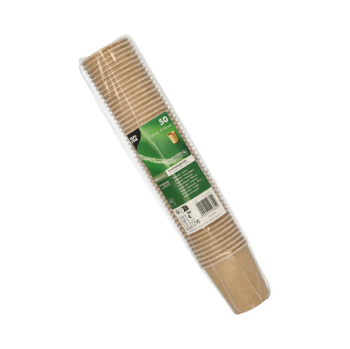 Eine plastikverpackte Packung mit 50 PAPSTAR Portionsbechern aus brauner Pappe (PAPSTAR GmbH), mit grünem Etikett, Barcode und Produktinfos. Die recycelbaren Becher sind gestapelt – ideal für den Gastronomiebereich.