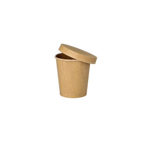 Die PAPSTAR 50 Portionsbecher aus brauner Pappe von PAPSTAR GmbH, mit passendem Deckel und abgeschrägtem Rand, sind auf weißem Hintergrund präsentiert – ideal als umweltfreundliche Portionsbecher für die Gastronomie.