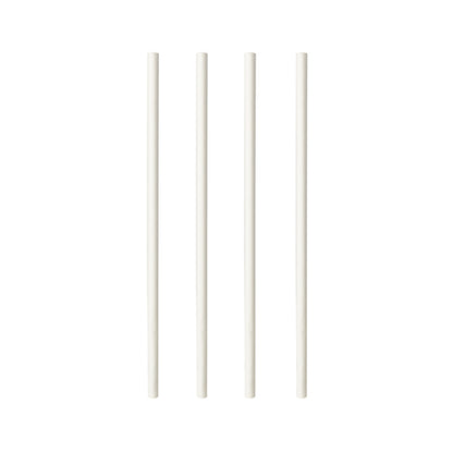 Four white PAPSTAR shake straws paper "pure" (Ø 8 mm, 25 cm) from PAPSTAR GmbH are neatly arranged in a row - sustainable, eco-friendly straws (100 pieces), ideal for any drink.