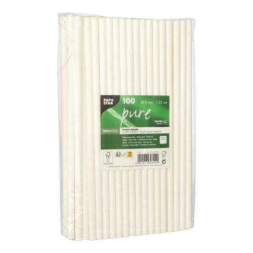 Die PAPSTAR 100 Shake-Halme „pure“ (weiß, Ø 8 mm, 25 cm) sind in Klarsichtfolie verpackte Papiertrinkhalme. Jede umweltfreundliche Packung der PAPSTAR GmbH enthält 100 Stück und ist mit Produktdetails und Umweltsymbolen auf dem Etikett versehen.