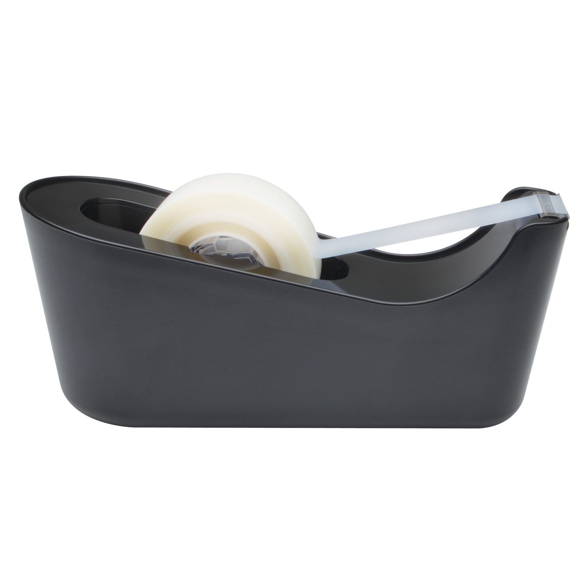 Der Scotch™ Tischabroller C18 in Schwarz von 3M Deutschland GmbH hält eine Rolle Scotch® Magic™ Unsichtbares Klebeband, mit einem Stück Klebeband auf der Metallkante zum Abreißen.