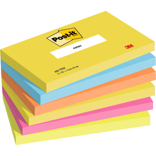 Eine Packung mit sechs rechteckigen Post-it® Notes aus der Energetic Collection (76 x 127 mm, je 100 Blatt) von 3M Deutschland GmbH, in verschiedenen Farben mit Logos auf der Oberseite. PEFC-zertifiziert.