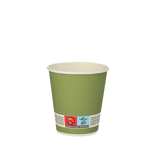 Ein schlichter, dunkelgrüner PAPSTAR 20 Trinkbecher (0,1 l, Ø 7,2 cm) aus Papier mit weißem Rand und Sicherheitsetikett ist leer und zentriert auf weißem Untergrund abgebildet. Marke: PAPSTAR GmbH.