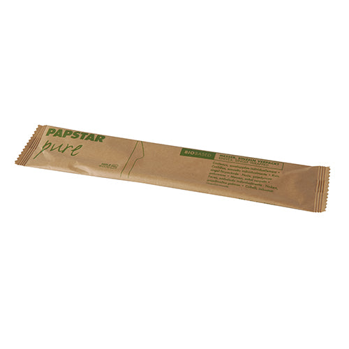 Ein einzelnes PAPSTAR „pure“ Holzmesser (16,5 cm) liegt auf weißem Untergrund, papierumwickelt in einer umweltfreundlichen Rechteckverpackung – ideal für die Gastronomie. Jedes Messer ist einzeln verpackt; im Set sind 50 Stück von der PAPSTAR GmbH enthalten.