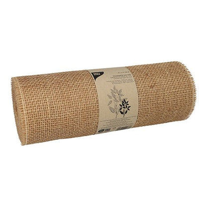 The PAPSTAR decorative ribbon jute 10 m natural on a roll from PAPSTAR GmbH consists of natural brown jute with a lattice pattern, wrapped with a paper label with black botanical illustration – ideal for creative projects or natural decoration.