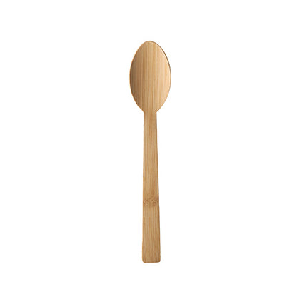 The PAPSTAR bamboo spoon "pure" (17 cm) from PAPSTAR GmbH is an environmentally friendly, sturdy kitchen helper, biodegradable and delivered in a folding box with 50 pieces. Photo: round head and straight handle against a white background.