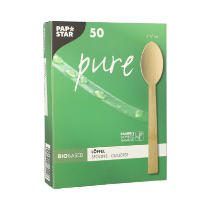 A green box from PAPSTAR GmbH with the inscription "Bamboo Spoon pure" contains 50 environmentally friendly, sturdy disposable spoons (17 cm) in a folding box. The front shows product images and multilingual text.