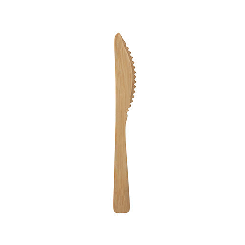 Ein PAPSTAR 50 Messer aus Bambus „pure“, 17 cm, steht aufrecht vor weißem Hintergrund – die umweltfreundliche Besteck-Alternative von PAPSTAR GmbH im praktischen 50er Papptray.
