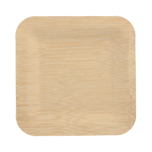 The PAPSTAR 10 plate, bamboo "pure" square from PAPSTAR GmbH is a square, lightweight plate with rounded corners. Shown from above on a white background, this eco-friendly and biodegradable plate is a sustainable choice for any table decoration.