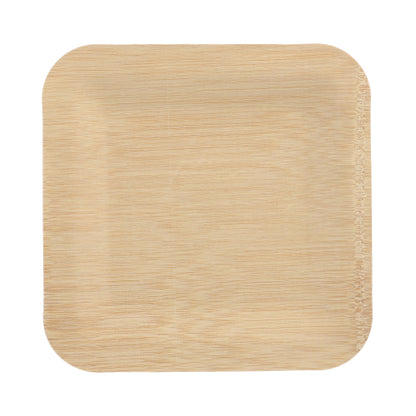 The PAPSTAR 10 plate, bamboo "pure" square from PAPSTAR GmbH is a square, lightweight plate with rounded corners. Shown from above on a white background, this eco-friendly and biodegradable plate is a sustainable choice for any table decoration.