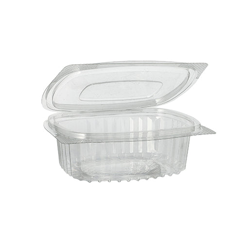 A transparent, oval hinged container Starpak 50 delicatessen and salad bowls with hinged lid made of R-PET crystal clear by Starpak is open and empty, with ribbed sides and bottom and a hinged lid attached.