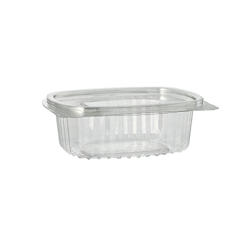 The Starpak 50 delicatessen and salad bowls with hinged lid, R-PET crystal clear oval, are eco-friendly food containers made of transparent plastic with a hinged lid, ideal for delicacies and salads, depicted against a white background.