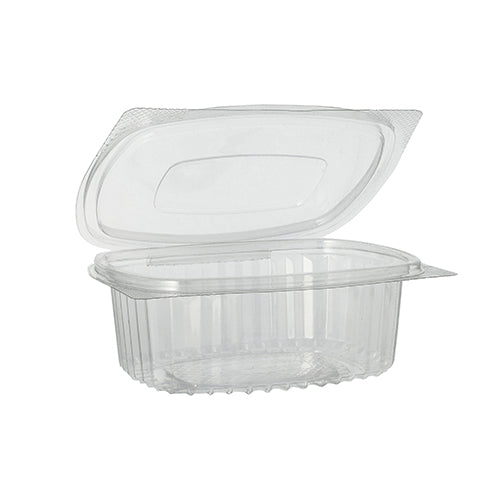 The Starpak 50 delicatessen and salad bowls with hinged lid are transparent, oval clamshell containers made of R-PET with hinged lid, ideal for eco-friendly packaging of delicacies, salads, or pastries.