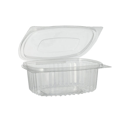 The Starpak 50 delicatessen and salad bowls with hinged lid are transparent, oval clamshell containers made of R-PET with hinged lid, ideal for eco-friendly packaging of delicacies, salads, or pastries.
