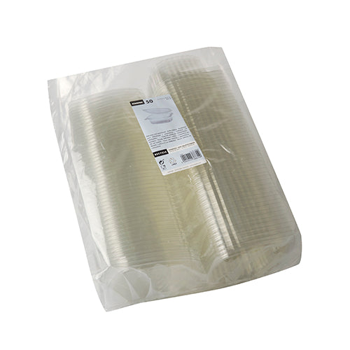 Ein Stapel Starpak 50 Feinkost- und Salatschalen mit Klappdeckel, R-PET glasklar oval ist in einer transparenten Plastiktüte mit einem weißen Etikett mit Produktdetails verpackt.