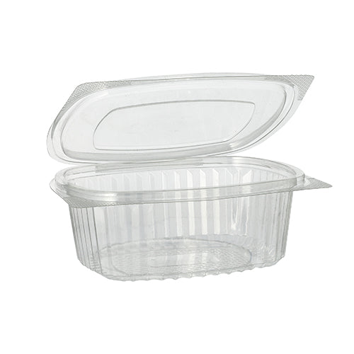Against a white background, a clear, oval Starpak 50 delicatessen and salad bowl made of R-PET with a hinged lid is depicted open and empty. The eco-friendly container is by the brand Starpak.