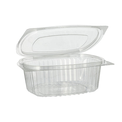Against a white background, a clear, oval Starpak 50 delicatessen and salad bowl made of R-PET with a hinged lid is depicted open and empty. The eco-friendly container is by the brand Starpak.