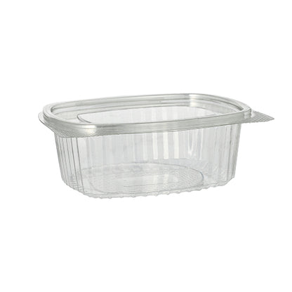 A clear, oval Starpak R-PET delicatessen and salad bowl with hinged lid is depicted empty against a white background. This eco-friendly container features ribbed sides for additional stability.