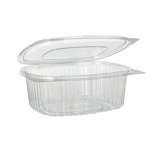 The Starpak 50 delicatessen and salad bowls with hinged lid made of R-PET crystal clear are oval, eco-friendly containers with a hinged lid – ideal for salads and delicacies. They feature rounded edges and vertical grooves on the sides.