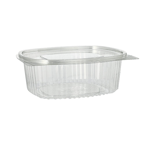 Die Starpak 50 Feinkost- und Salatschalen mit Klappdeckel sind durchsichtige, ovale Behälter aus R-PET-Glasklar mit Klappdeckel, sanft geschwungenen Konturen und vertikalen Seitenrippen zur Aufbewahrung von Salaten oder Feinkost.