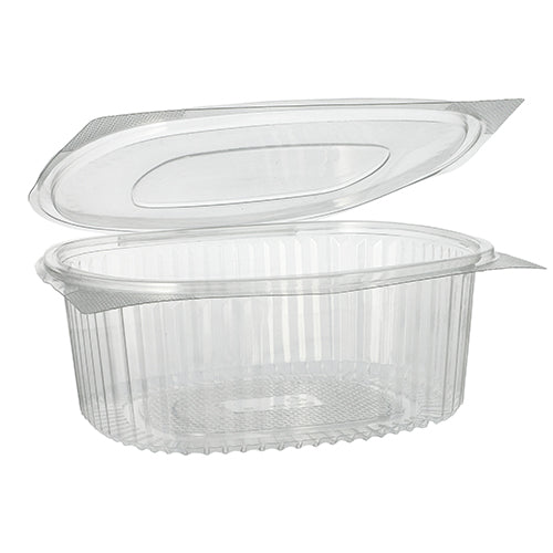 Das Bild zeigt eine ovale Starpak 50 Feinkost- und Salatschalen mit Klappdeckel, R-PET glasklar, mit teilweise geöffnetem Klappdeckel. Die umweltfreundliche Starpak-Schale mit gerippten Seiten ist leer vor einem schlichten weißen Hintergrund.