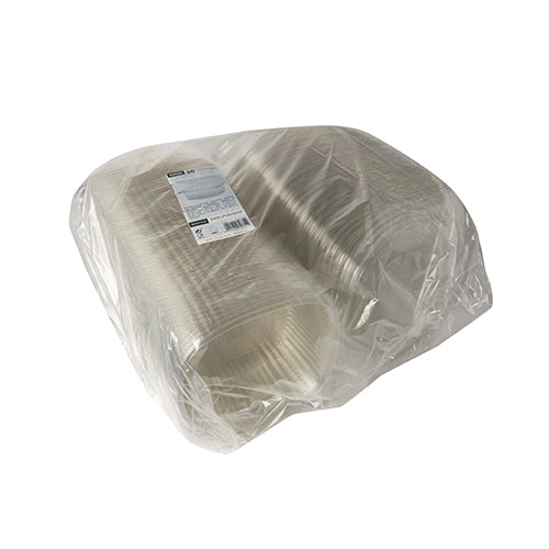 A large stack of Starpak 50 delicatessen and salad bowls with hinged lid, R-PET crystal clear oval, is packed in a transparent packaging with a white label on top – ideal for eco-friendly serving of delicacies and salads.