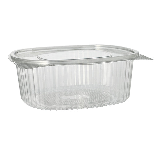 Ein klarer, ovaler Starpak 50 Feinkost- und Salatschalen mit Klappdeckel aus R-PET mit transparentem Scharnierdeckel ist leer und wird auf einem schlichten weißen Hintergrund präsentiert. Die Oberfläche weist vertikale Rillen auf.