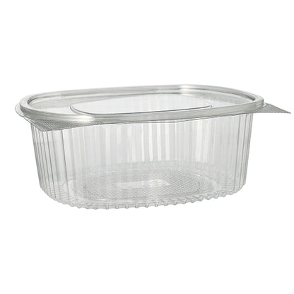 A clear, oval Starpak 50 delicatessen and salad bowl with hinged lid made of R-PET with a transparent hinged lid is empty and presented on a plain white background. The surface features vertical grooves.