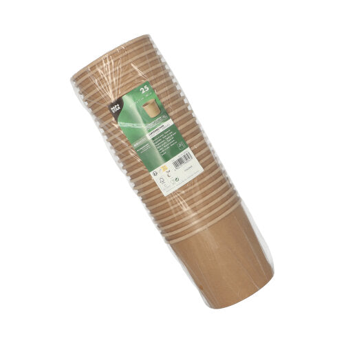 Ein versiegelter Stapel mit 25 braunen PAPSTAR Suppenbechern aus Pappe (760 ml, Ø11,5 cm, 11 cm), ideal für unterwegs, von der PAPSTAR GmbH, abgebildet mit grünem Etikett auf weißem Hintergrund.