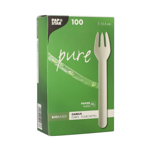Die „pure“-Box der PAPSTAR GmbH enthält 100 weiße Papiergabeln (15,5 cm) in einer Faltschachtel. Die grüne Verpackung präsentiert sich mit weißem Text und einem Gabelfoto und betont das biobasierte, umweltfreundliche Einwegbesteck.