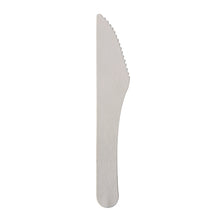 Ein umweltfreundliches und stabiles PAPSTAR Messer "pure" (15,8 cm, weiß) von PAPSTAR GmbH aus Holz mit flachem Griff und leicht gezackter Kante, präsentiert vor weißem Hintergrund. Verpackungseinheit: 100 Stück in Faltschachtel.