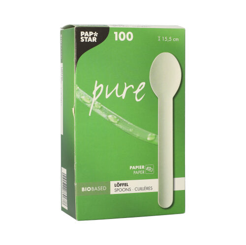 Eine grüne Schachtel der PAPSTAR GmbH mit der Aufschrift „pure“ enthält 100 weiße, 15,5 cm große Einweglöffel aus Papier. Die Verpackung zeigt ein Löffelmotiv und betont die ökologischen, biobasierten Vorteile des Produkts.
