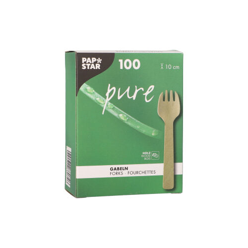 Eine grün-weiße Schachtel der PAPSTAR GmbH mit der Aufschrift "Holz-Gabeln pure" enthält 100 umweltfreundliche, robuste Holzgabeln (10 cm) mit einem Gabelbild und dem Text "Gabeln/Fourchettes" auf der Vorderseite.