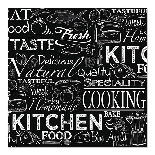 Ein Hintergrund im Blackboard-Stil mit weißen Kreidezeichnungen von Lebensmitteln, Utensilien und Wörtern wie "KITCHEN" - ideal für PAPSTAR 20 Servietten, 33 cm x 33 cm, 3-lagig, 1/4-Falz Design Set 3 von PAPSTAR GmbH.