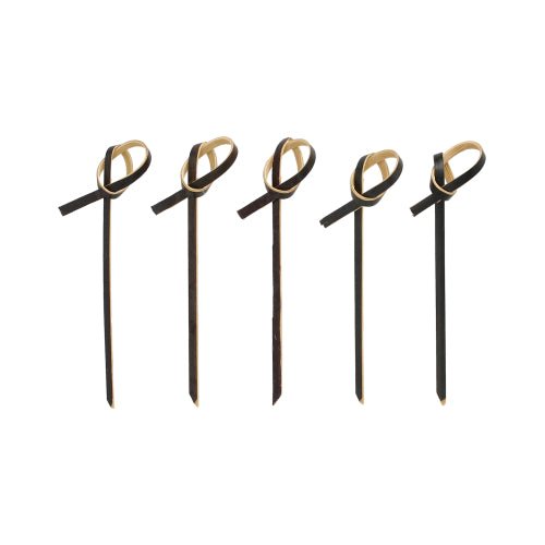 Five PAPSTAR 250 finger food picks from PAPSTAR GmbH in black with light brown bow accents at the top, arranged in a row on a white background.