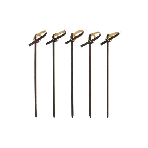 Five brown finger food picks of type PAPSTAR 250 made of wood from PAPSTAR GmbH with looped ends are arranged vertically on a white background, offering an eco-friendly and stylish alternative for cocktail parties.